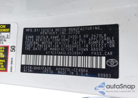 2020 Toyota Camry Le Hybrid z USA, uszkodzony, nr VIN 4T1C31AK0LU539947